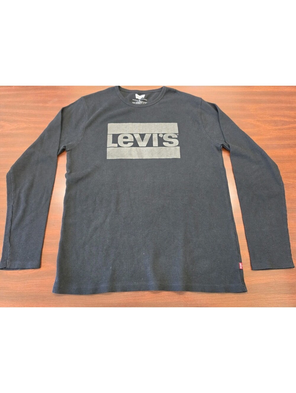 Levi's Logo Waffle Knit Thermal Shirt Mens L Black Long Sleeve Crew Neck Dadcore